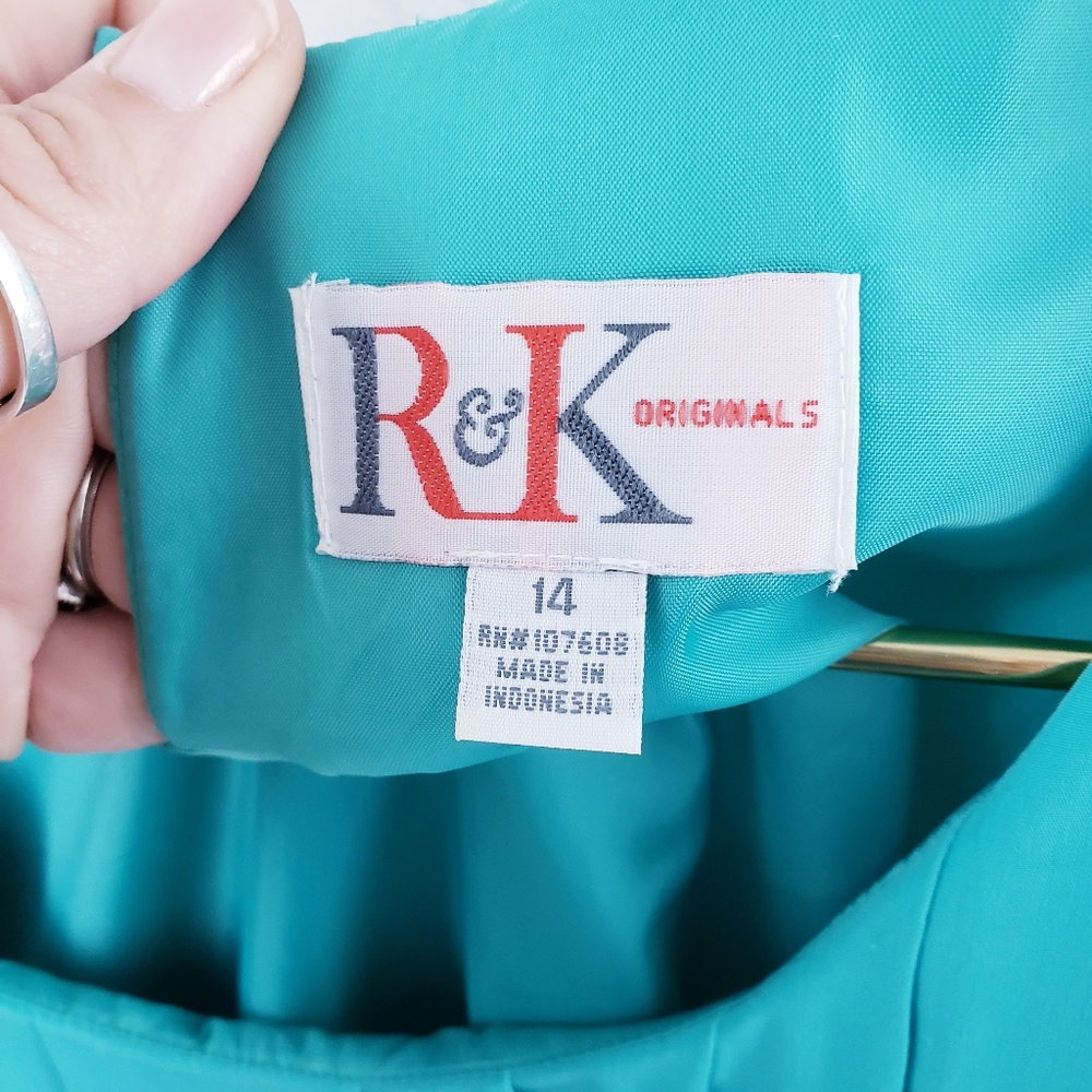 Pleated Turquoise Lime Green Colorblock Dress with Belt RK Originals Size 14 - Picture 11 of 11